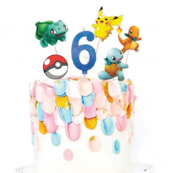 Set per Decorazione Torta Pokemon con 5 Topper Picks e Candelina Numerale