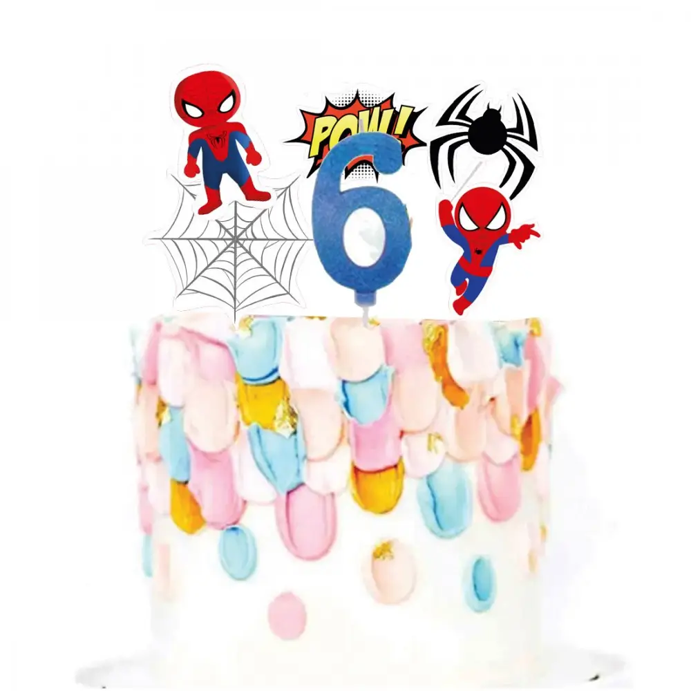 Set per Decorazione Torta Spiderman con 5 Topper Picks e Candelina Numerale