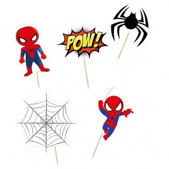 Set per Decorazione Torta Spiderman con 5 Topper Picks e Candelina Numerale