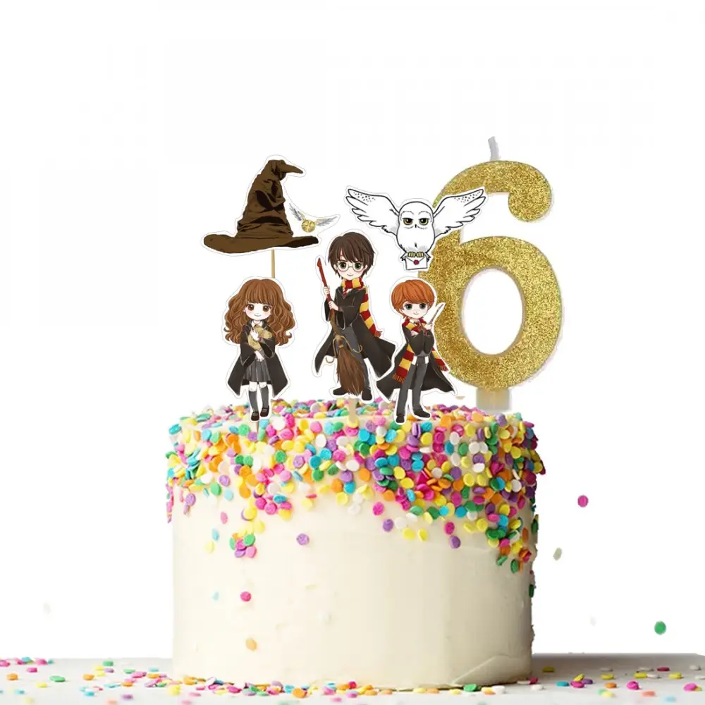 Set per Decorazione Torta Harry Potter con 5 Topper Picks e Candelina Numerale