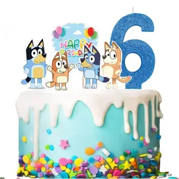 Set per Decorazione Torta Bluey con 5 Topper Picks e Candelina Numerale