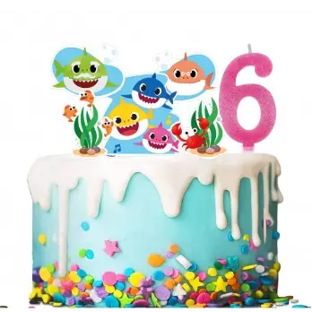 Set per Decorazione Torta Baby Shark con 5 Topper Picks e Candelina Numerale