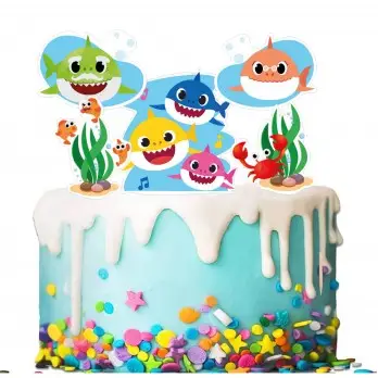 Set per Decorazione Torta Baby Shark con 5 Topper Picks e Candelina Numerale