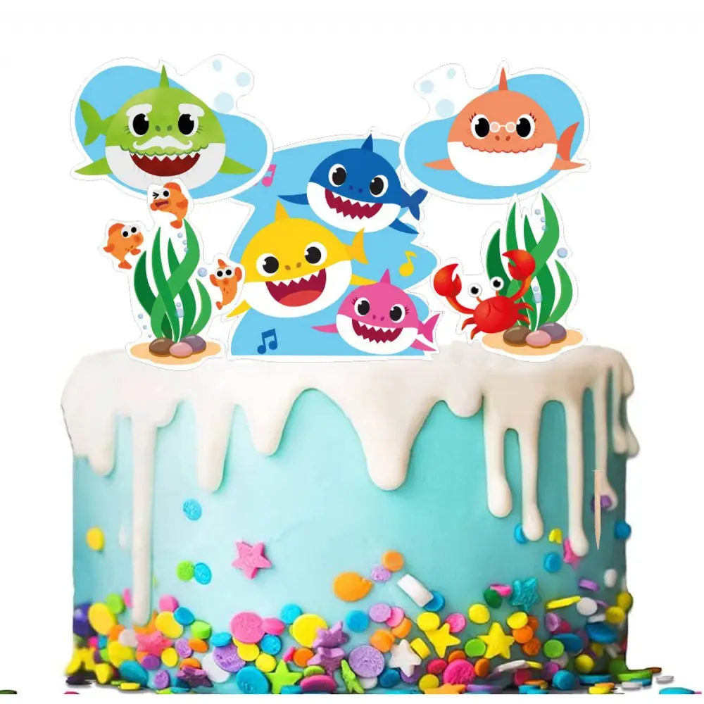 Set per Decorazione Torta Baby Shark con 5 Topper Picks e Candelina Numerale