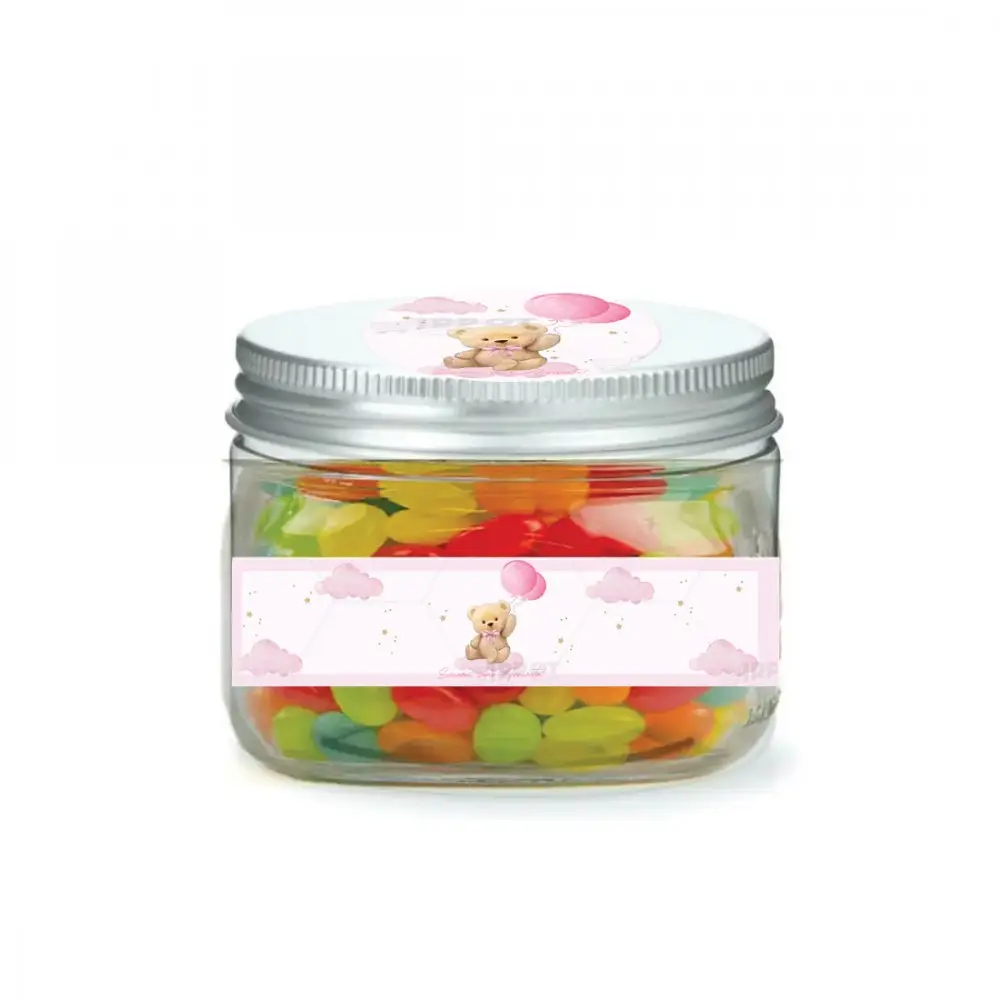 Barattolini Nascita Teddy Rosa con caramelle jelly Beans - 10 PZ