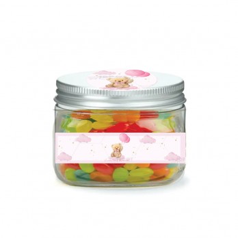 Barattolini Nascita Teddy Rosa con caramelle jelly Beans - 10 PZ
