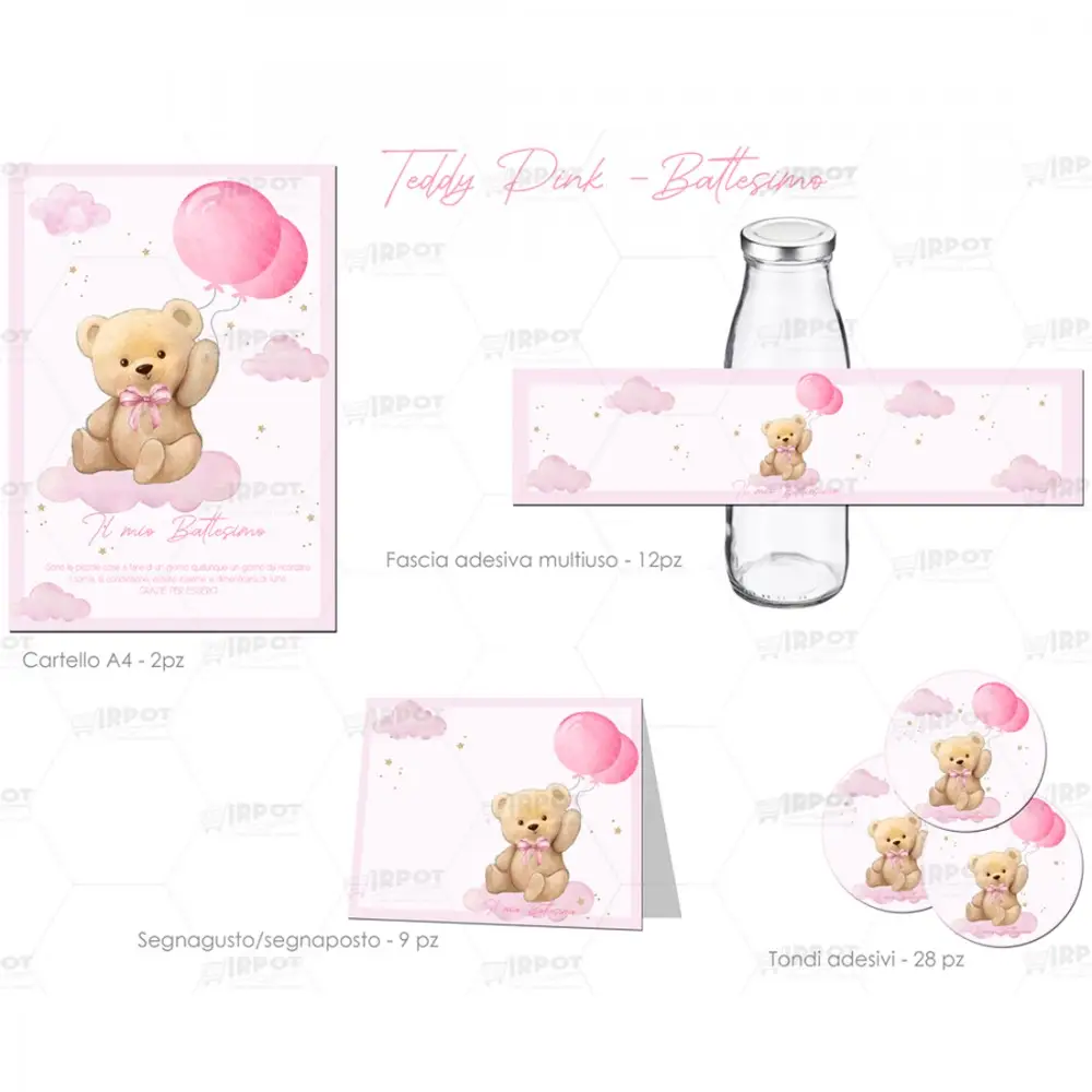 Festa di carta per Battesimo Bimba Teddy Rosa