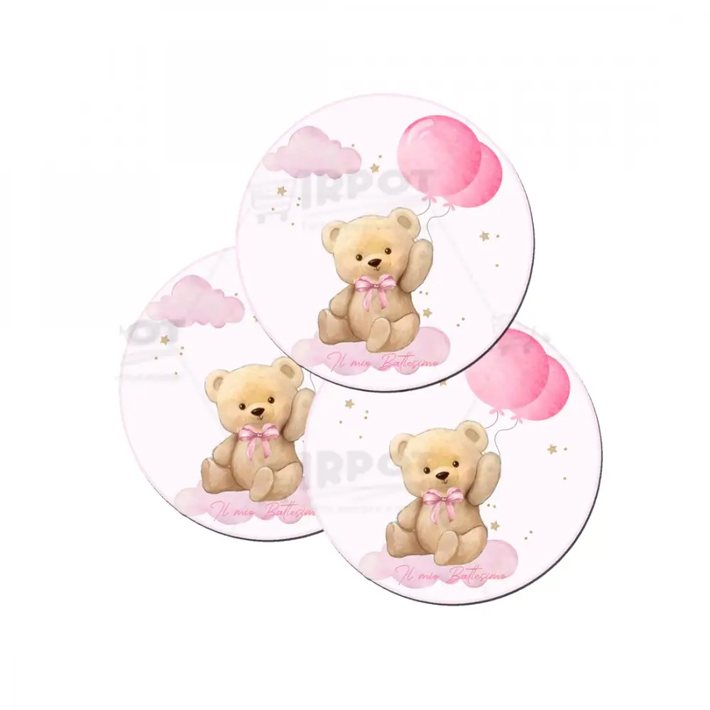 Adesivo tondo Battesimo Teddy Rosa - 28 PZ