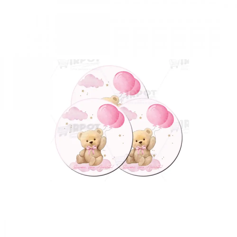 Adesivo tondo battesimo Teddy Rosa - 50 PZ