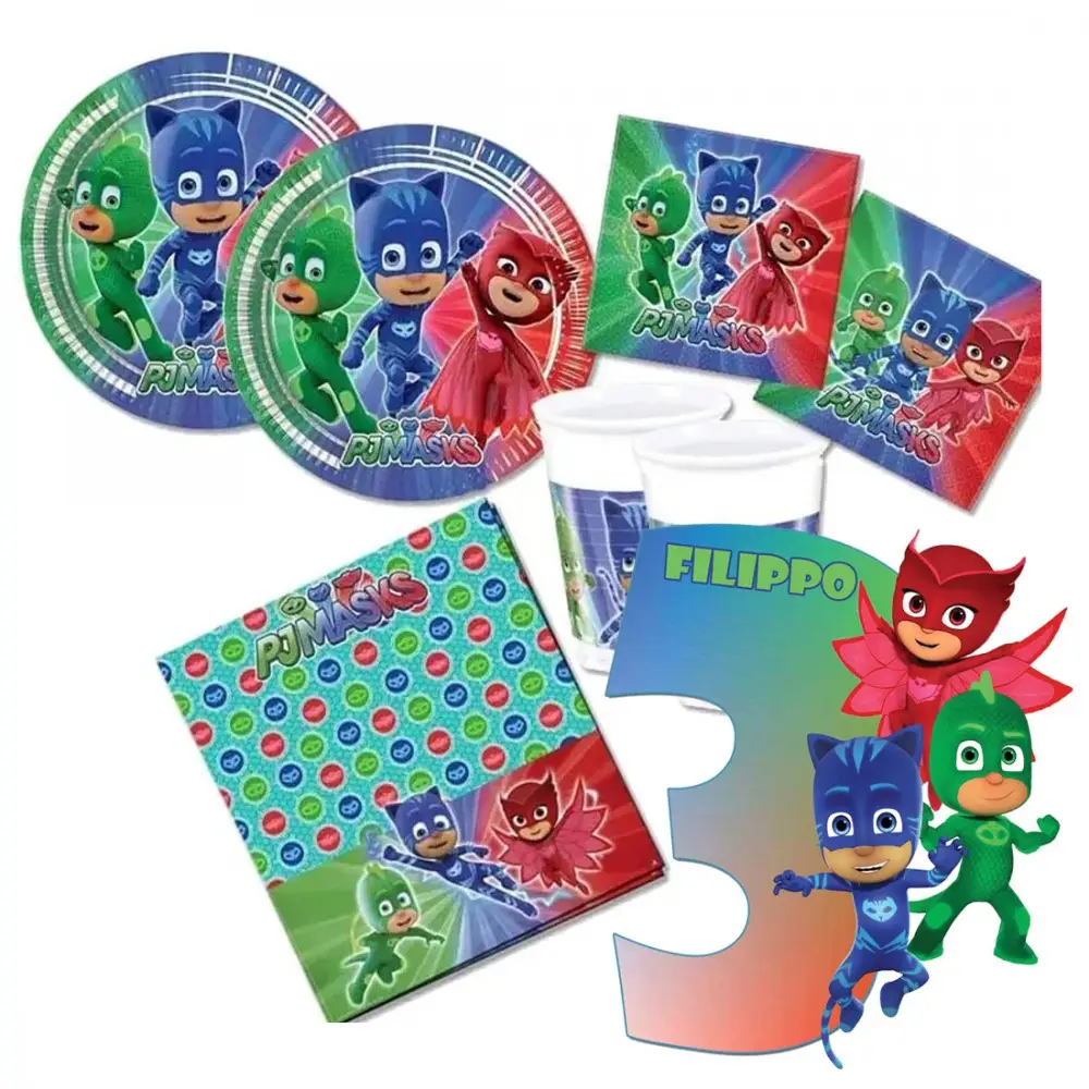 Kit per 8 persone Super Pigiamini Pj Masks con sagoma in polistirolo personalizzabile