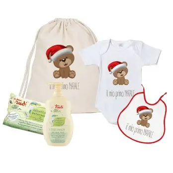 Set Regalo Primo Natale Orsetto con Body Bavaglino e Sacchetto Personalizzabile