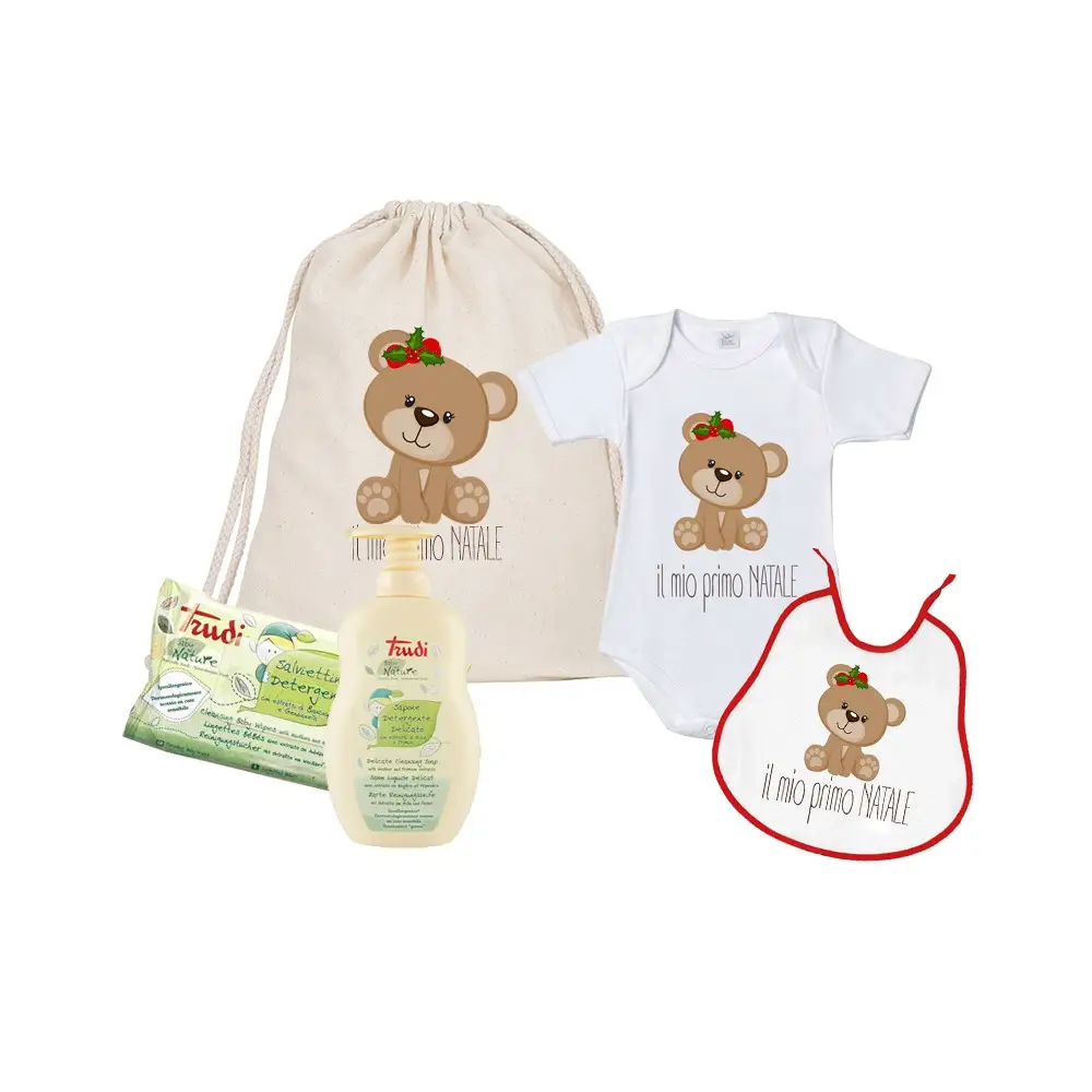 Set Regalo Primo Natale Orsetta con Body Bavaglino e Sacchetto Personalizzabile