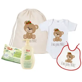 Set Regalo Primo Natale Orsetta con Body Bavaglino e Sacchetto Personalizzabile