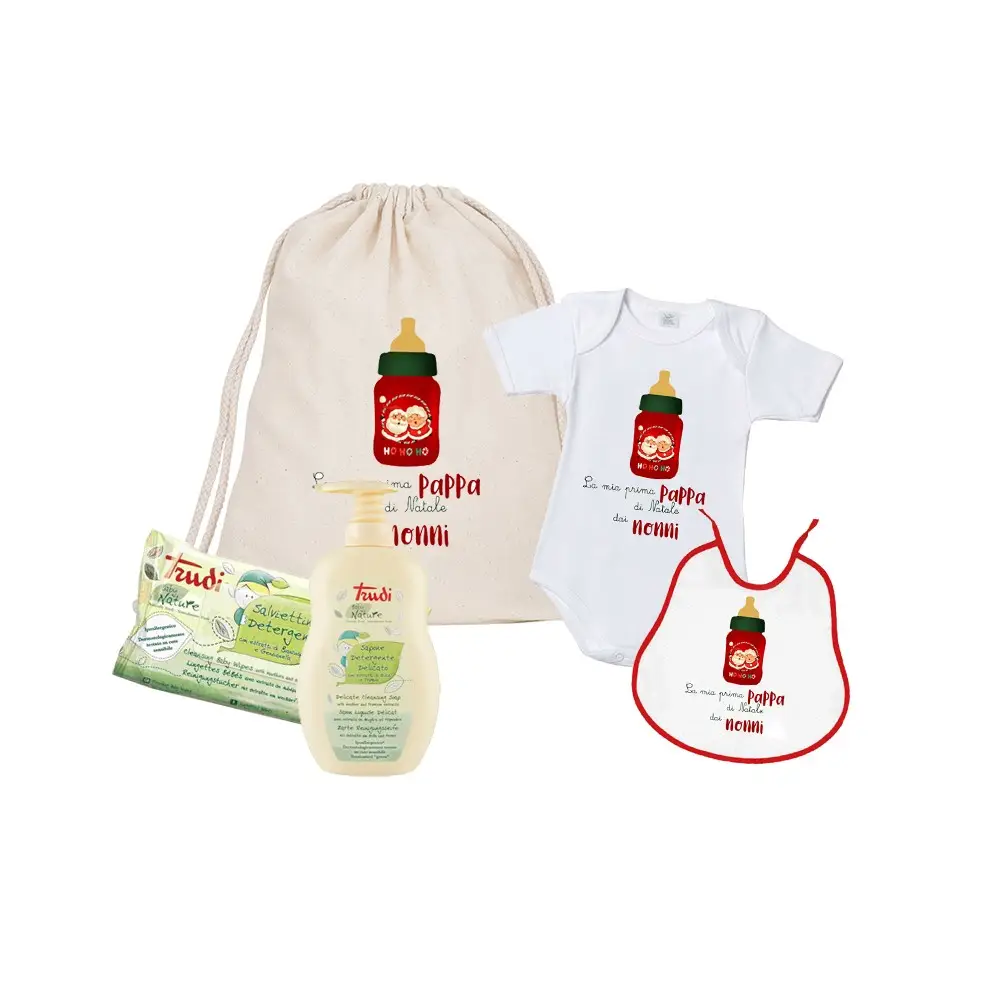 Set Regalo Primo Natale Biberon con Body Bavaglino e Sacchetto Personalizzabile