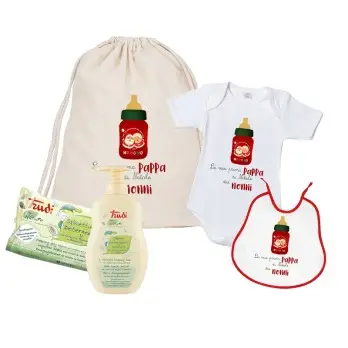 Set Regalo Primo Natale Biberon con Body Bavaglino e Sacchetto Personalizzabile