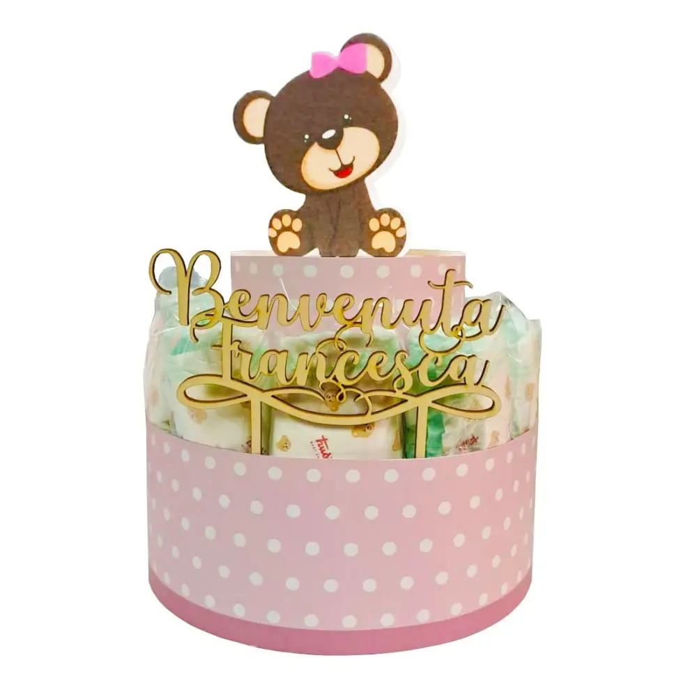 Torta di pannolini Orsetta Personalizzabile con Nome in legno