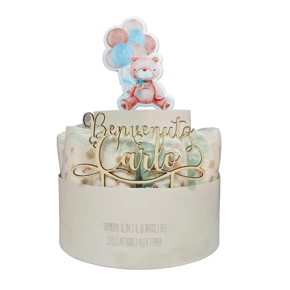 Torta di pannolini Orsetto con Palloncini Personalizzabile con Nome in legno