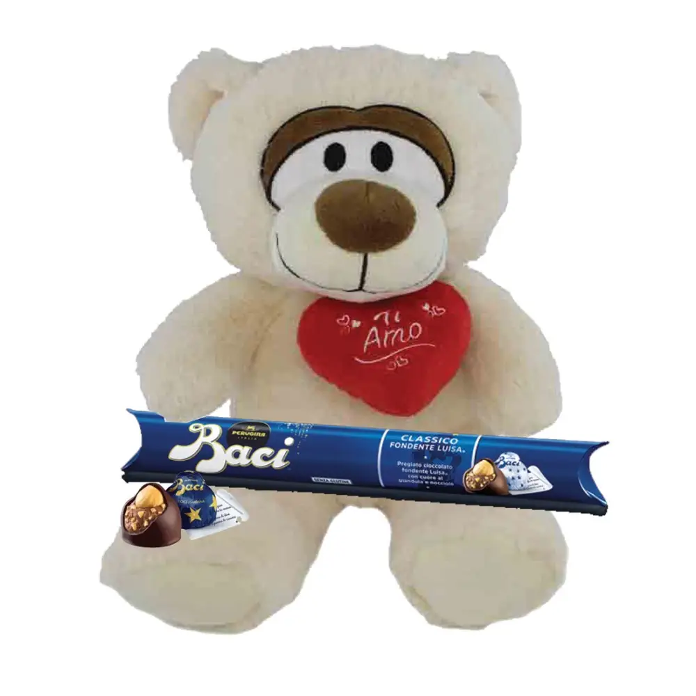 Orsacchiotto di peluche cuore ti amo con tubo di Baci Perugina da 125g