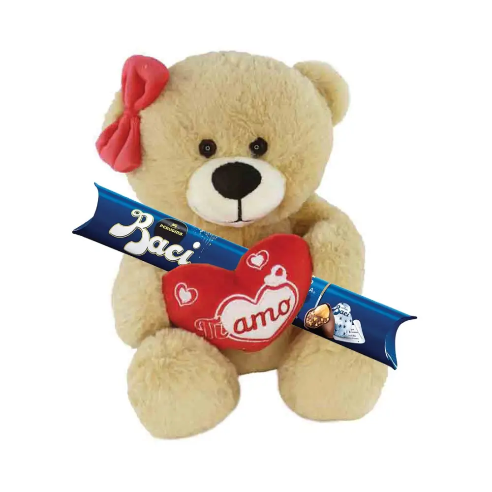 Orsetta di peluche con cuore rosso e tubo di Baci Perugina da 125g