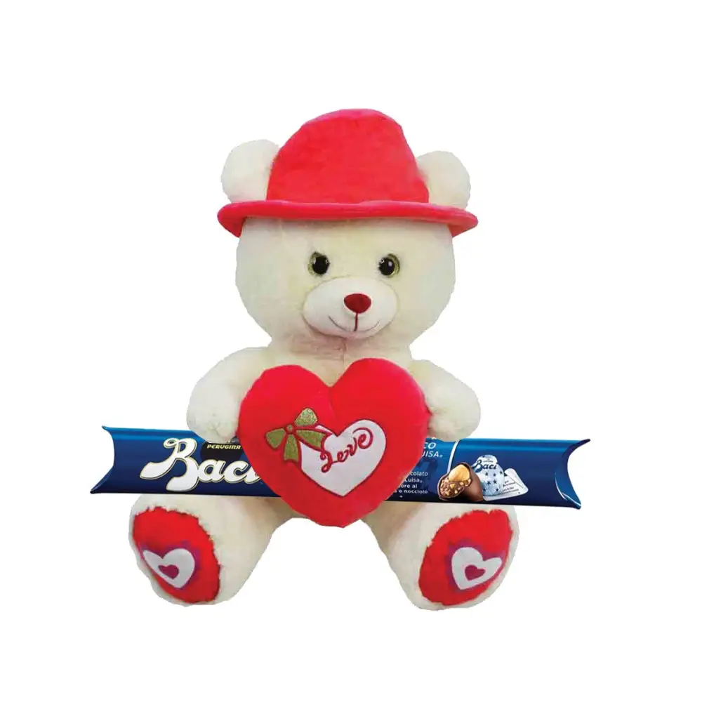 set Orsetto di peluche con Cappello e Cuore Rosso + Baci Perugina 125g