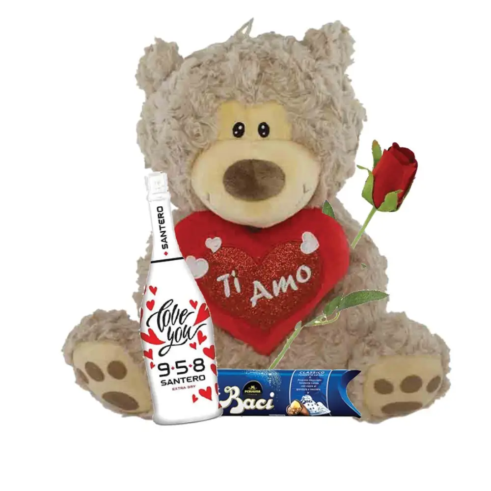 Set san Valentino con peluche Orsetto Ti Amo Baci perugina rosa artificiale e Santero