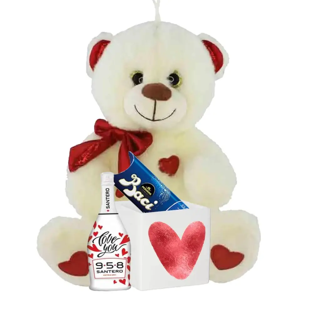 Orsetto di peluche fiocco con Vaso in ceramica stampa cuore baci perugina e Santero San Valentino