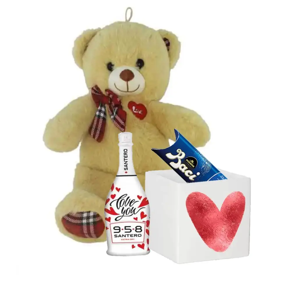 Peluche orsetto con Vaso in ceramica stampa cuore baci perugina e Santero