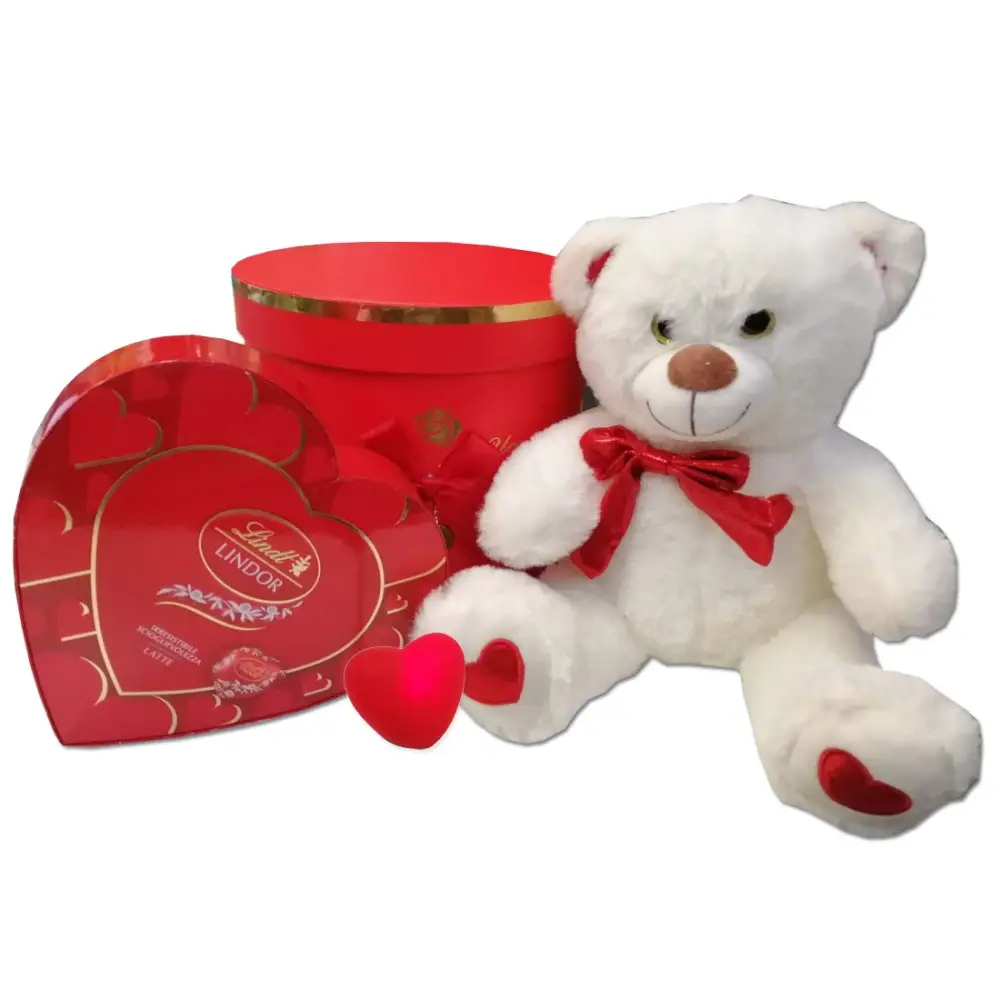 Scatola regalo San Valentino Con Cioccolatini Lindt a cuoricino e Peluche