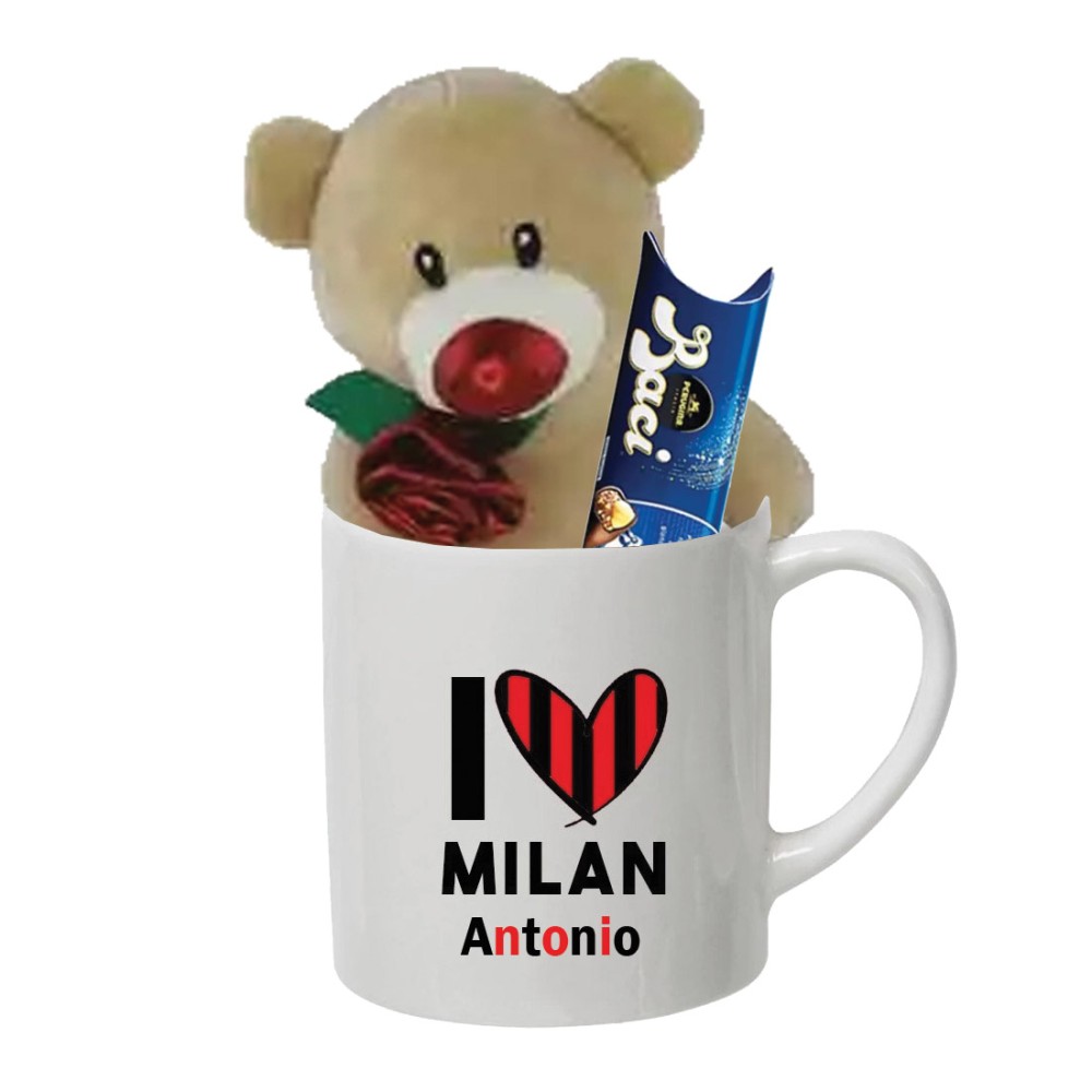 Tazza Personalizzabile I Love Milan con Peluche Orsetto e Baci Perugina