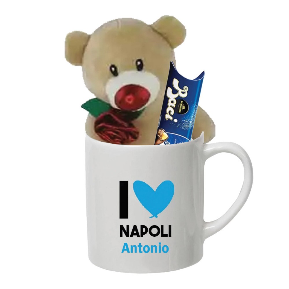 Tazza Personalizzabile I Love Napoli con Peluche Orsetto e Baci Perugina