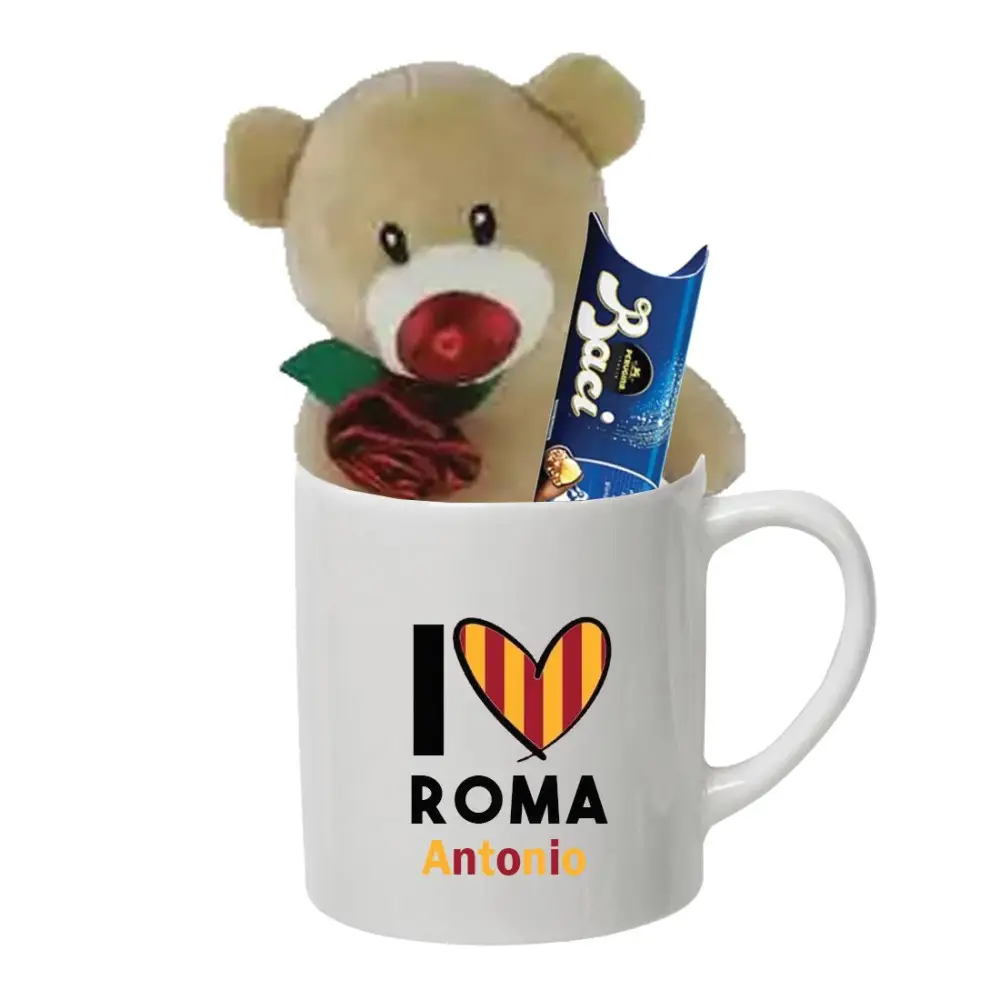 Tazza Personalizzabile I Love Roma con Peluche Orsetto e Baci Perugina