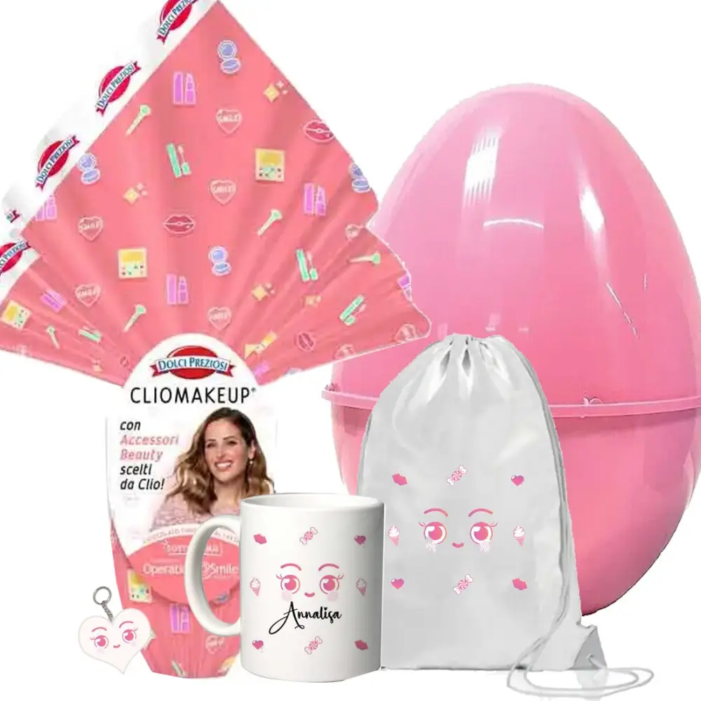 Set Uovo di Pasqua Clio Make Up Sacca Tazza Portachiavi e Guscio