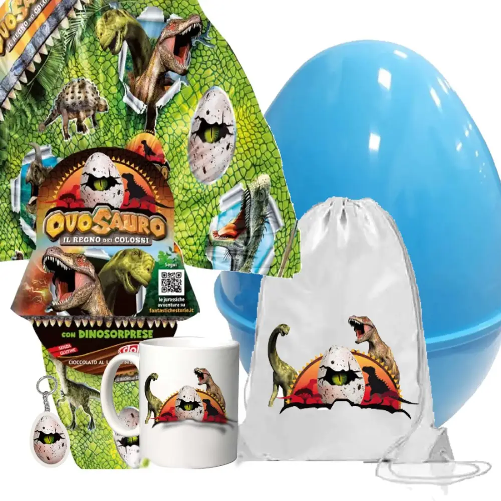 Set Uovo di Pasqua Ovosauro Sacca Tazza Portachiavi e Guscio