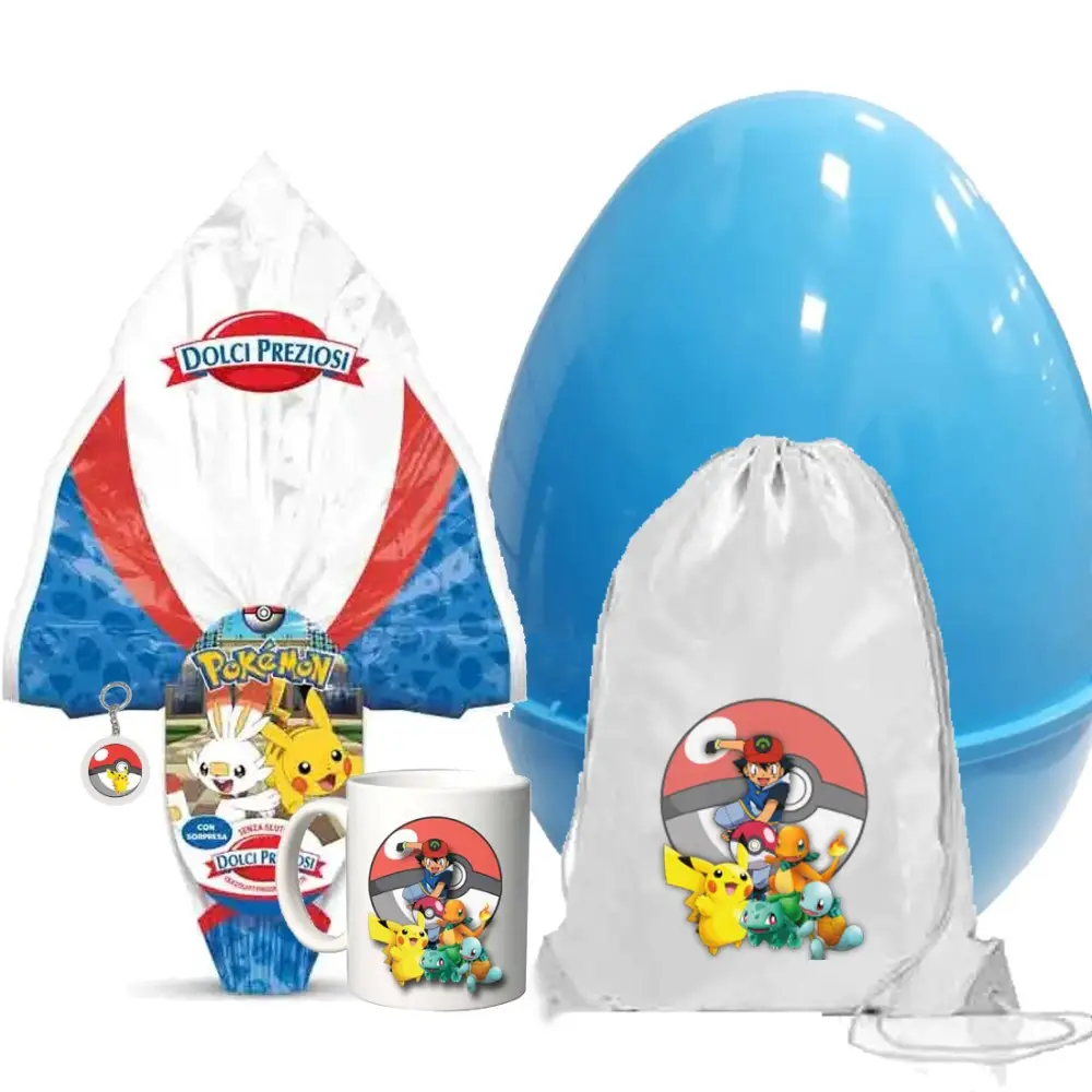 Set Uovo di Pasqua 150g Pokemon Sacca Tazza Portachiavi e Guscio