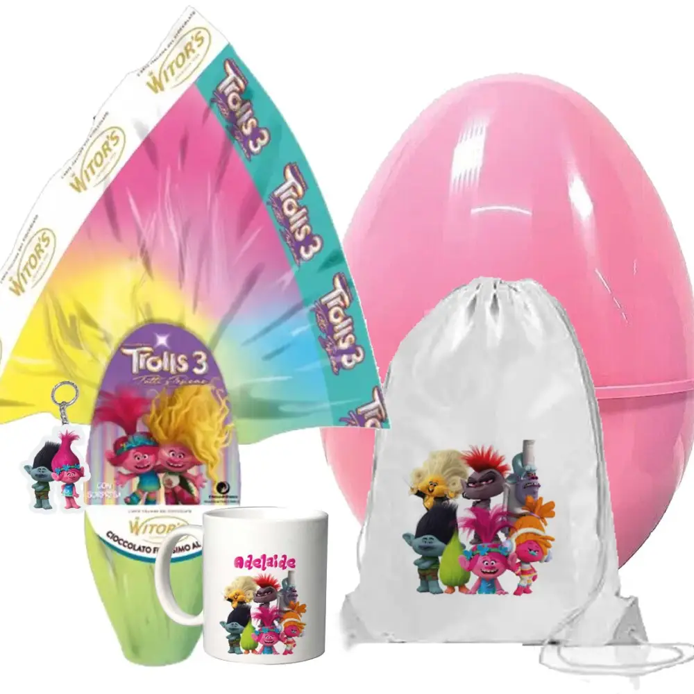 Set Uovo di Pasqua Trolls Sacca Tazza Portachiavi e Guscio