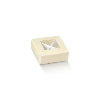 Scatolina degustazione confetti con finestra e separatore 100x100x40mm seta avorio -15541