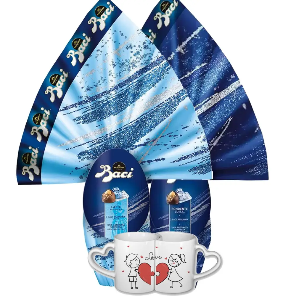Uova di Pasqua Baci Perugina al latte e fondente con Tazza Doppia Cuore Puzzle Personalizzabile