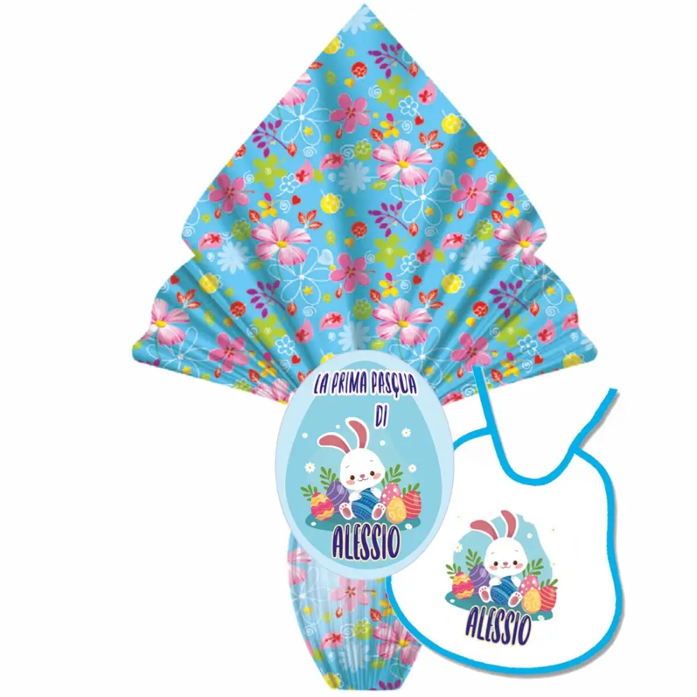 Uovo " La Mia Prima Pasqua " con bavetta Easter Bunny Bimbo Personalizzabile