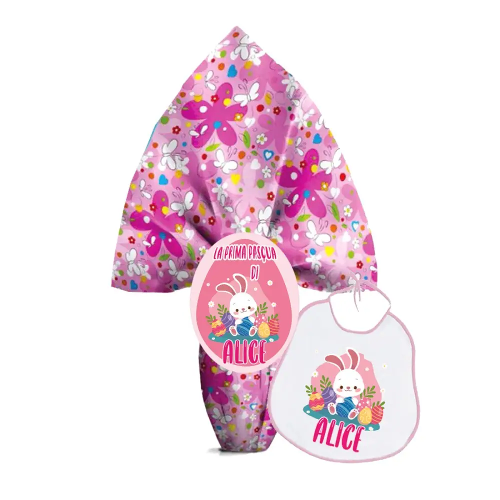 Uovo " La Mia Prima Pasqua " con bavetta Easter Bunny Bimba Rosa Personalizzabile