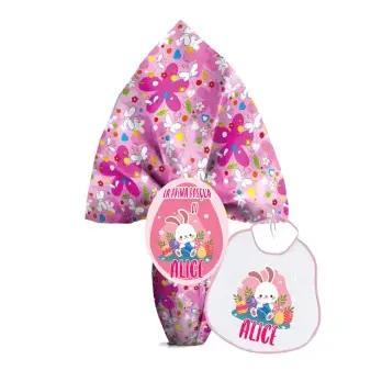 Uovo " La Mia Prima Pasqua " con bavetta Easter Bunny Bimba Rosa Personalizzabile