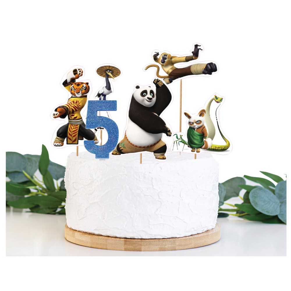 Set per Decorazione Torta Kung Fu Panda con 5 Topper Picks e Candelina Numerale