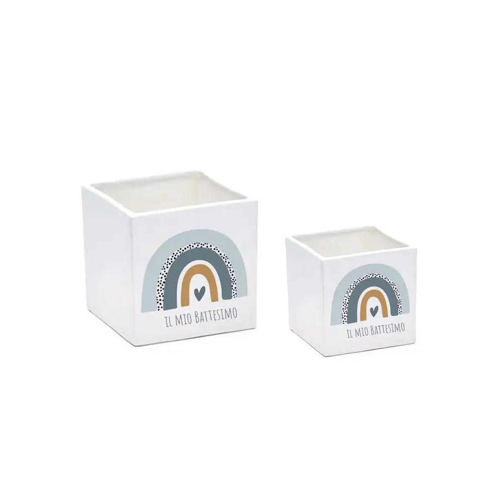 Vaso cubo Battesimo Arcobaleno Boho Celeste personalizzabile