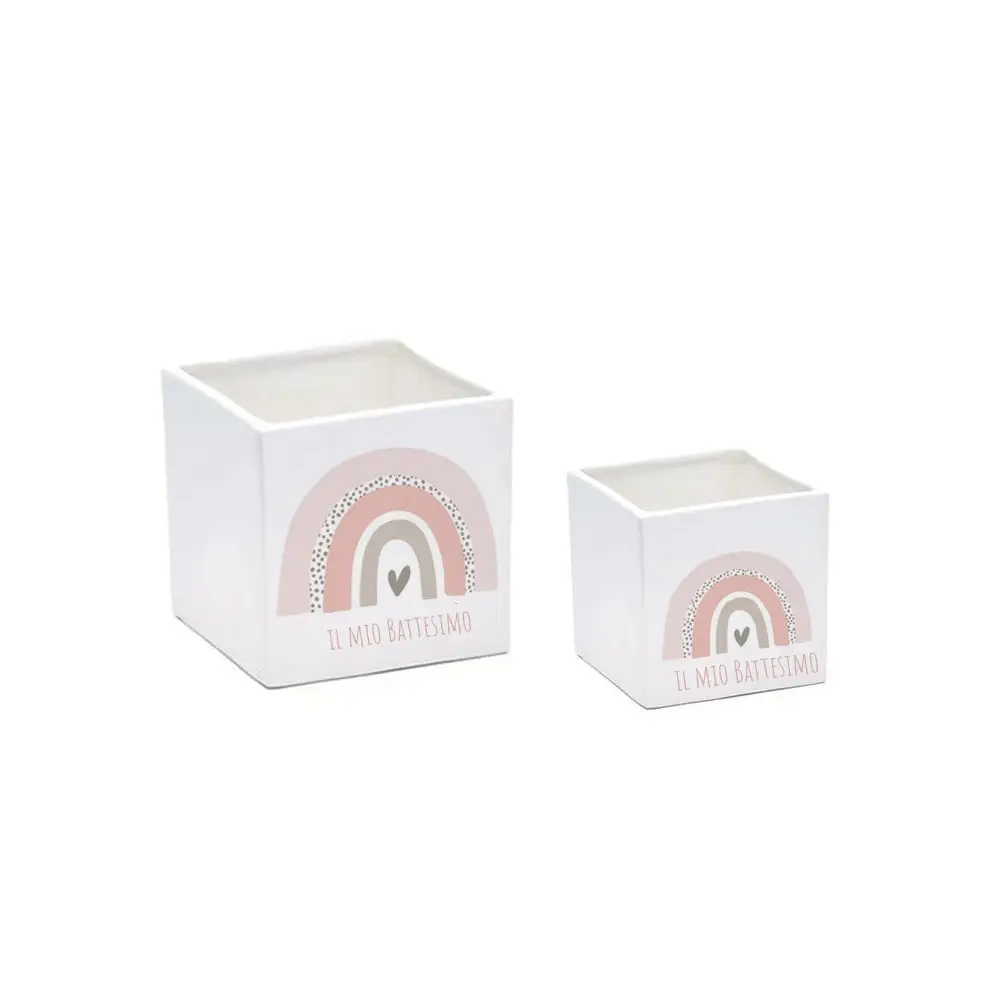 Vaso cubo Battesimo Arcobaleno Boho Rosa personalizzabile