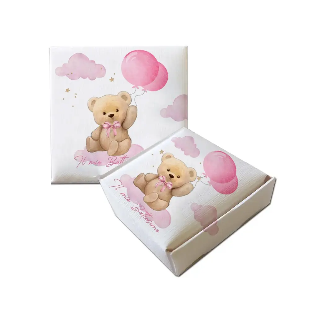 Scatolina Portaconfetti Mattonella Battesimo Teddy Rosa - 20 pz