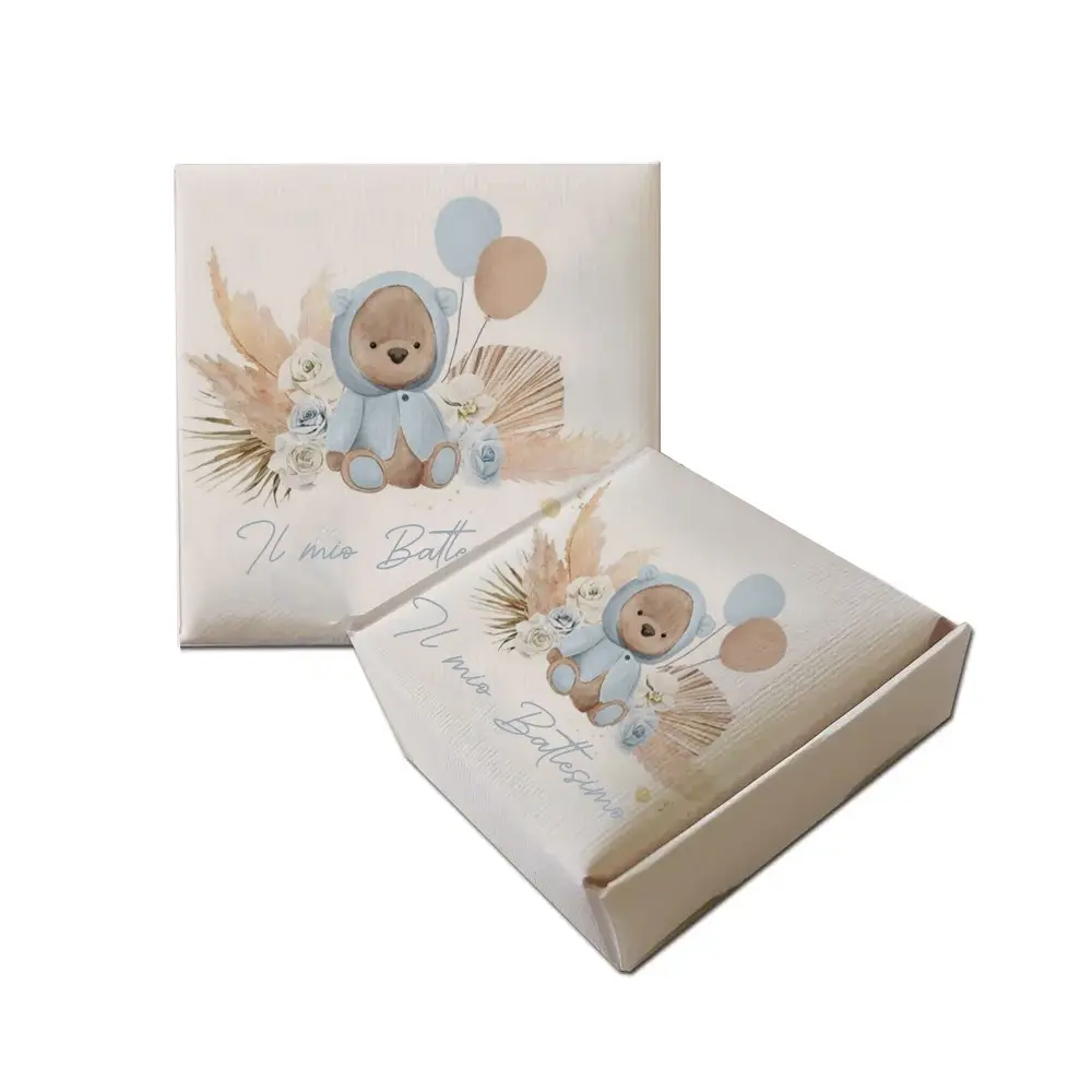 Scatolina Portaconfetti Mattonella Battesimo Orsetto Pampas Celeste - 1 pz