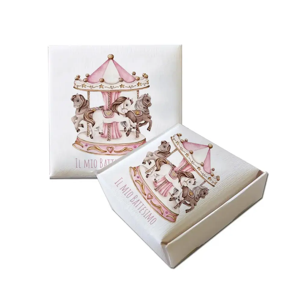 Scatolina Portaconfetti Mattonella Battesimo Carousel Rosa - 50 pz