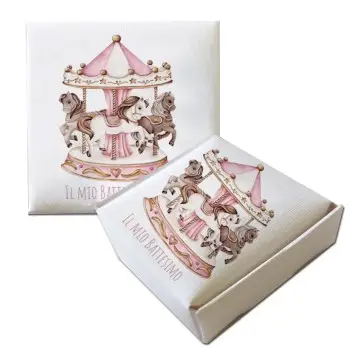 Scatolina Portaconfetti Mattonella Battesimo Carousel Rosa - 50 pz