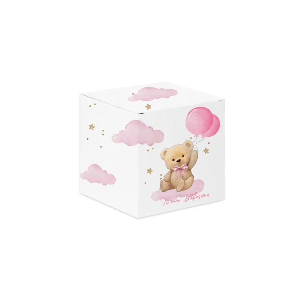 Scatolina portaconfetti cubetto il mio battesimo teddy Rosa- 1 pz