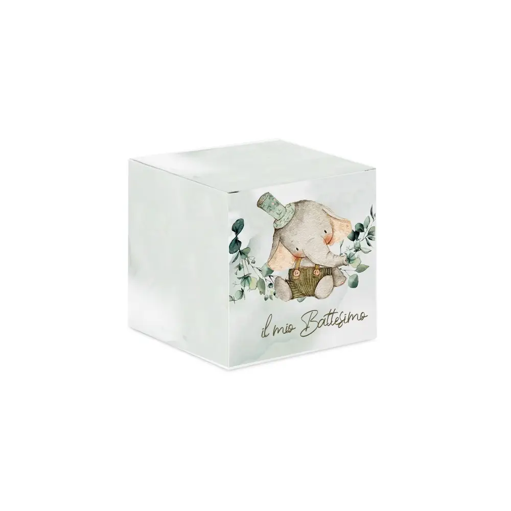 Scatolina portaconfetti cubetto battesimo Elefantino Green - 50 pz