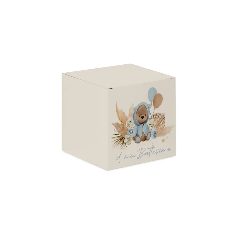 Scatolina portaconfetti cubetto battesimo Orsetto Pampas Celeste - 20 pz